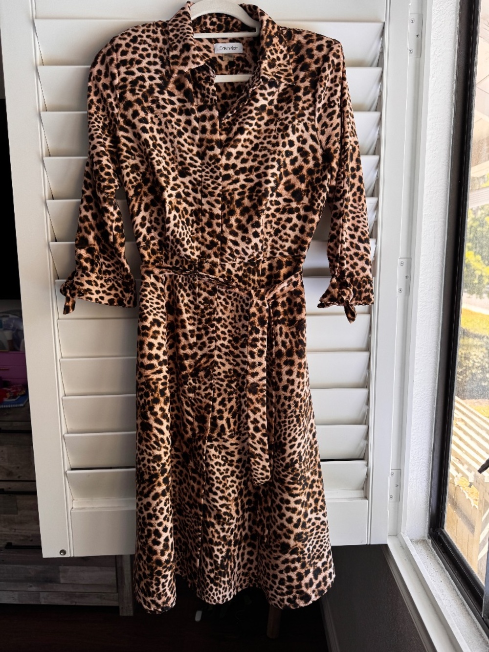 Calvin Klein Leopard Print Midi Shirt Dress in Tan and Black